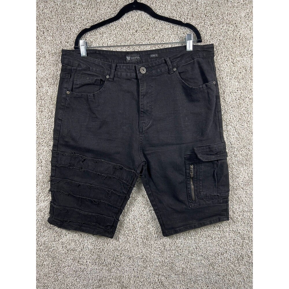 Waimea Skinny Fit Jean Shorts Mens Black Distressed Zip Pockets Size 38
